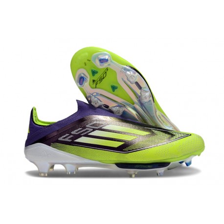 Bota Adidas F50 + Sin Cordones FG Morado Rush Ftwr Blanco Limón Lúcido