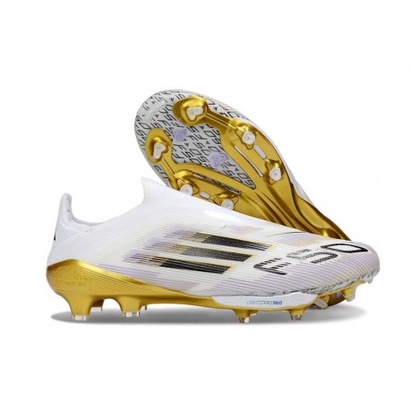 Bota Adidas F50 + Sin Cordones FG Blanco Negro Met Dorado