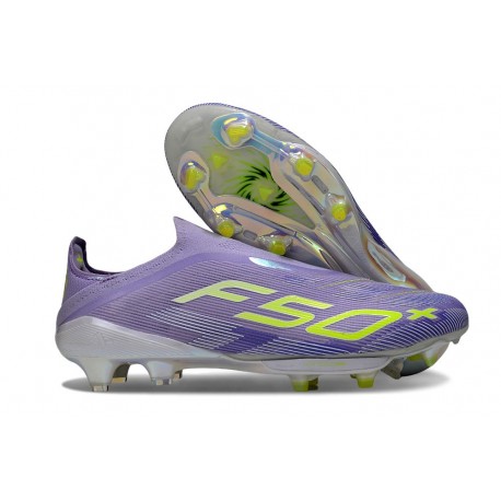 Bota Adidas F50 + Sin Cordones FG Violeta Tone Limón Lúcido Morado Rush