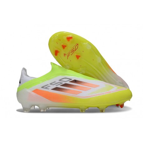 Bota de Fútbol Adidas F50 Elite Sin Cordones FG Blanco Amarillo Naranja
