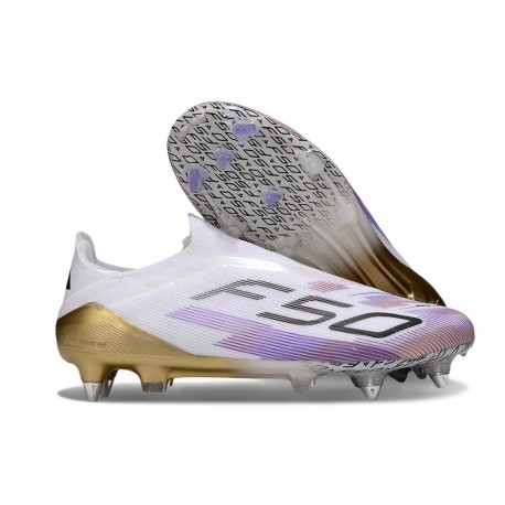 Bota de Fútbol Adidas F50 Elite Sin Cordones FG Blanco Negro Violeta
