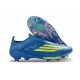 Zapatos de Fútbol Adidas F50+ Laceless FG X MESSI Azul Royal Amarillo Solar Semi Azul Burst