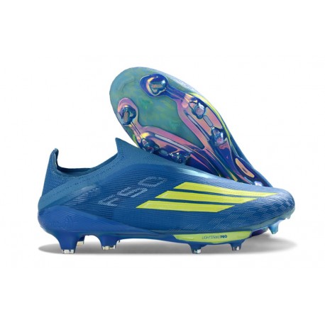 Zapatos de Fútbol Adidas F50+ Laceless FG X MESSI Azul Royal Amarillo Solar Semi Azul Burst